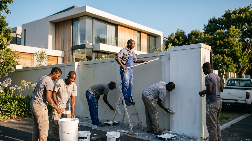 Professional team painting a boundary wall at a modern home in Melkbosstrand