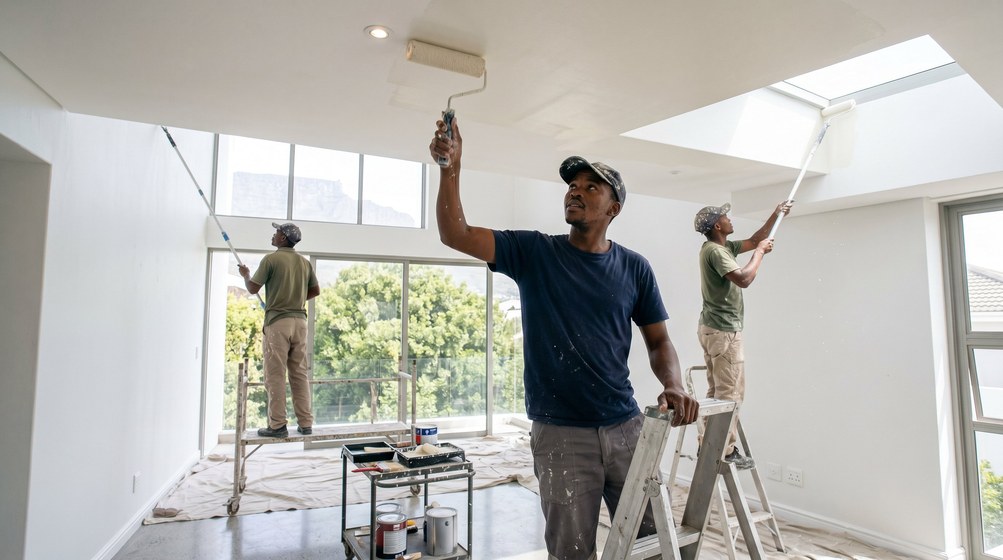 Professional ceiling painters rolling white paint onto a high ceiling in Melkbosstrand