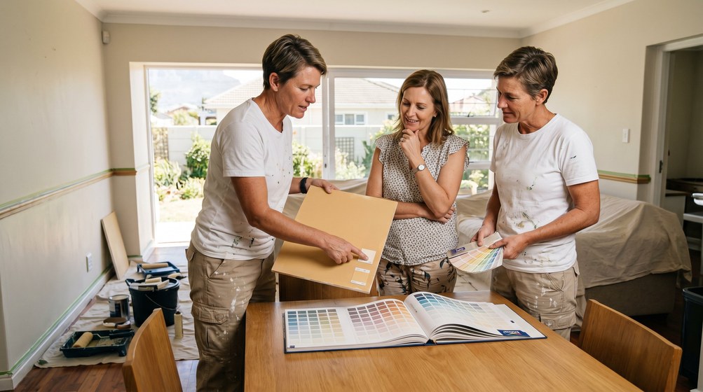 Professional colour consultant showing paint swatches to a homeowner in Melkbosstrand