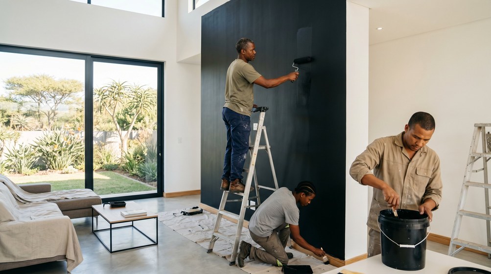 Professional painters creating a bold black feature wall in a modern Melkbosstrand home