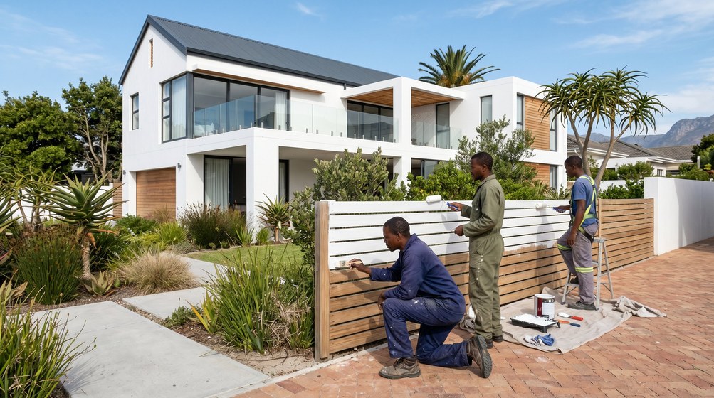 Professional fence painters painting a wooden fence at a coastal home in Melkbosstrand