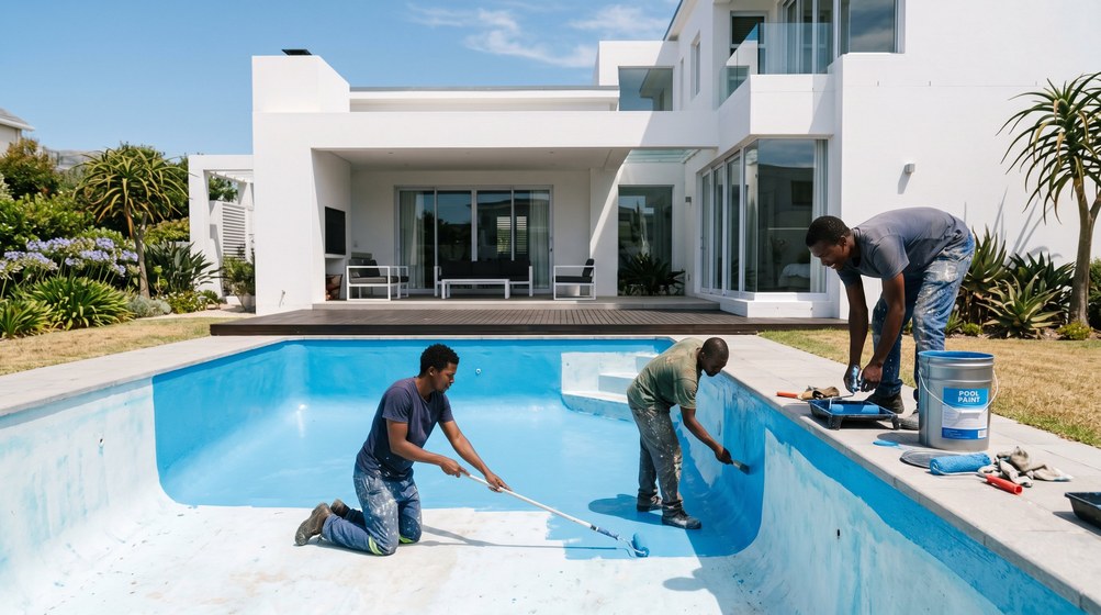 Professional pool painters applying blue pool paint to a swimming pool in Melkbosstrand