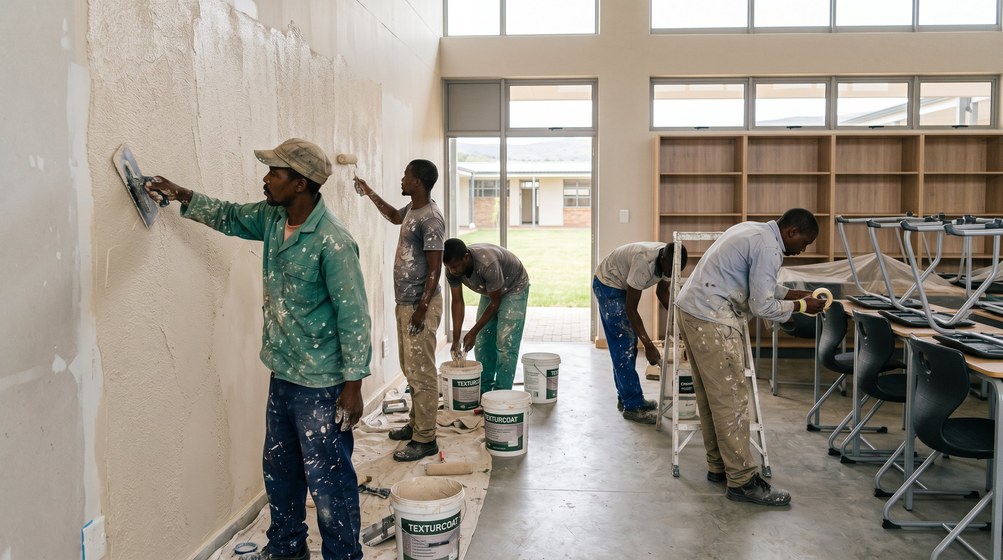 Professional texture coating team applying Texturcoat to interior walls in Melkbosstrand