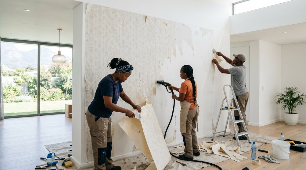 Professional wallpaper removal team stripping old wallpaper in a Melkbosstrand home
