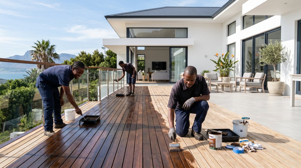 Professional wood staining team applying deck stain overlooking the ocean in Melkbosstrand